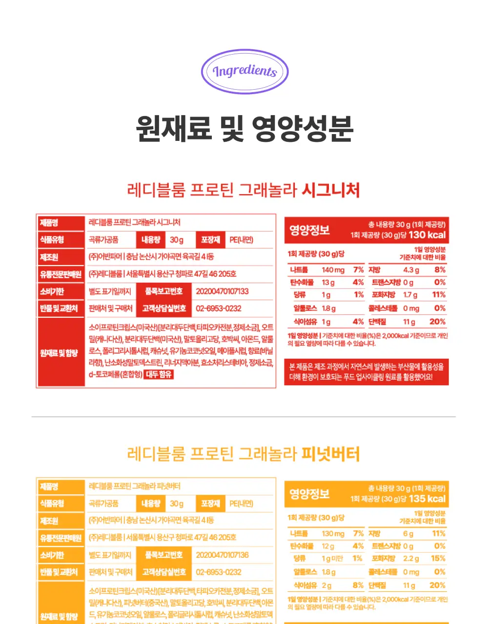 [저당/고단백] 레디블룸 프로틴 그래놀라 핸디팩 30g 5종 택1 상세페이지 21